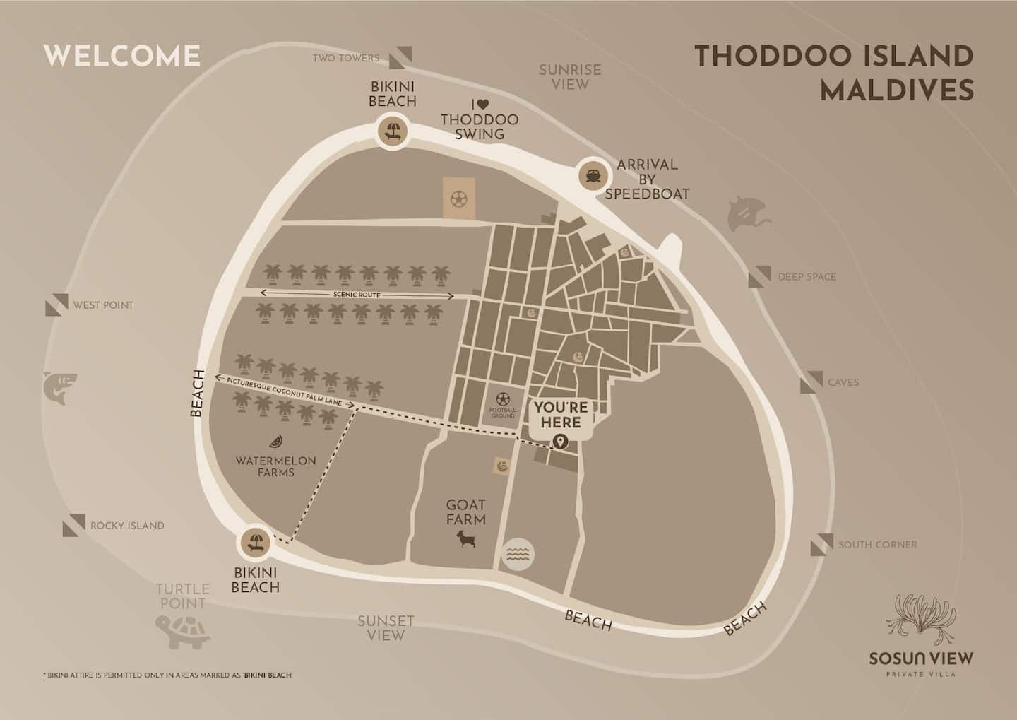 An illustrated welcome map of Thoddoo island